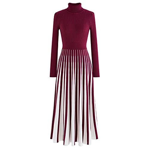 CHICWISH Women's Burgundy Stripe Print Turtleneck Knit Midi Dress